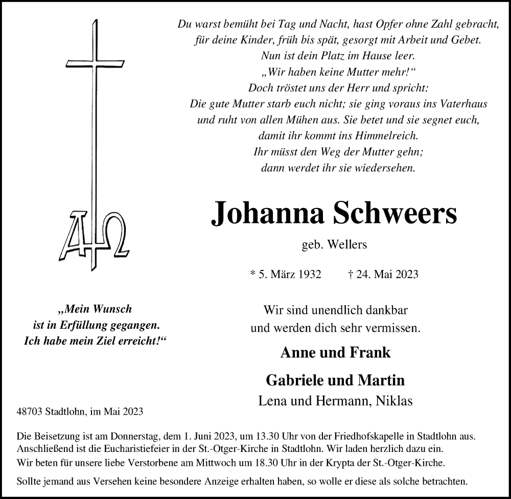  Traueranzeige für Johanna Schweers vom 27.05.2023 aus Münstersche Zeitung und Münsterland Zeitung