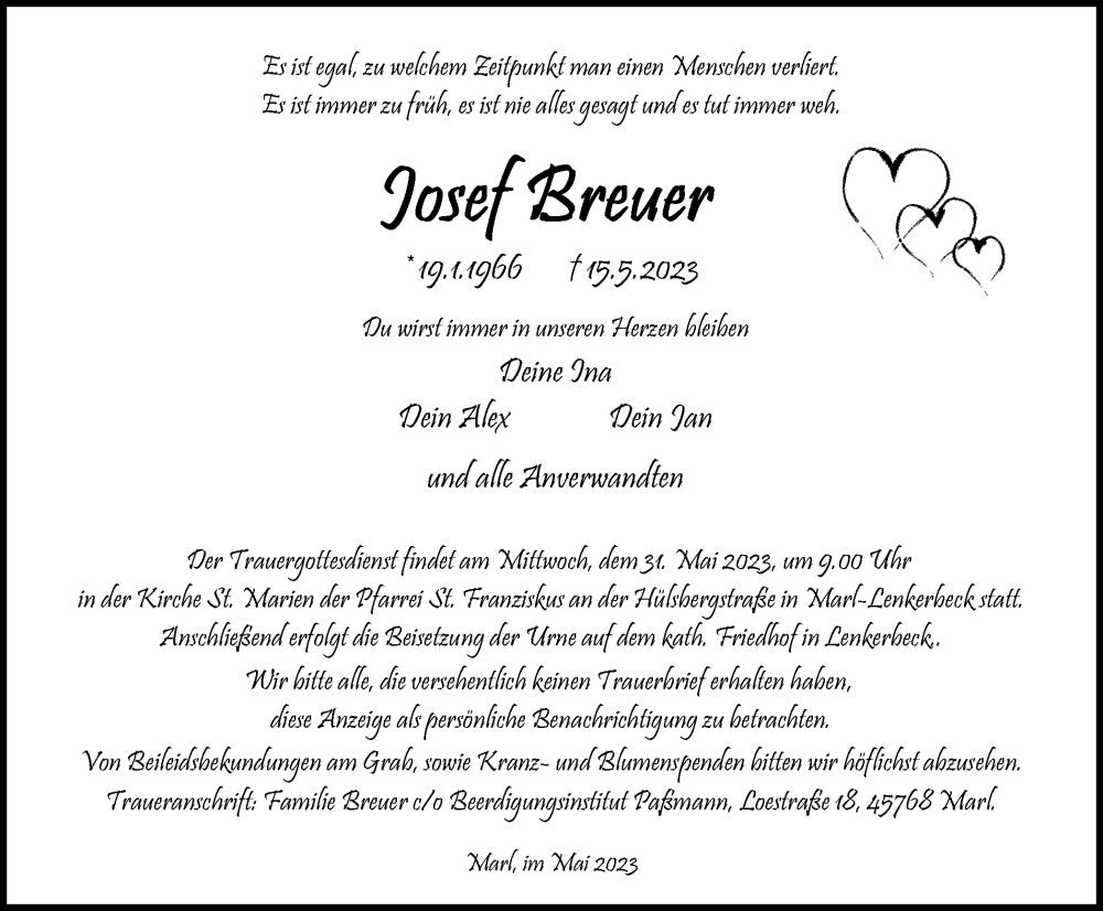  Traueranzeige für Josef Breuer vom 27.05.2023 aus Medienhaus Bauer