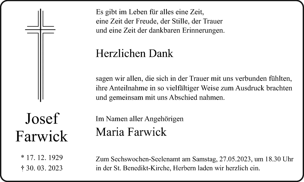  Traueranzeige für Josef Farwick vom 20.05.2023 aus Ruhr Nachrichten