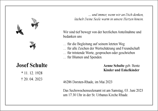 Traueranzeige von Josef Schulte von Ruhr Nachrichten und Dorstener Zeitung
