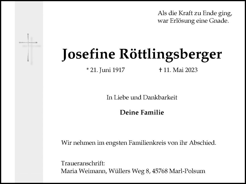 Traueranzeige für Josefine Röttlingsberger vom 20.05.2023 aus Medienhaus Bauer