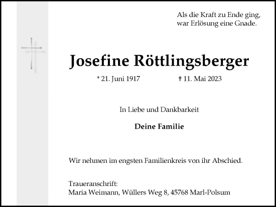 Traueranzeige von Josefine Röttlingsberger von Medienhaus Bauer