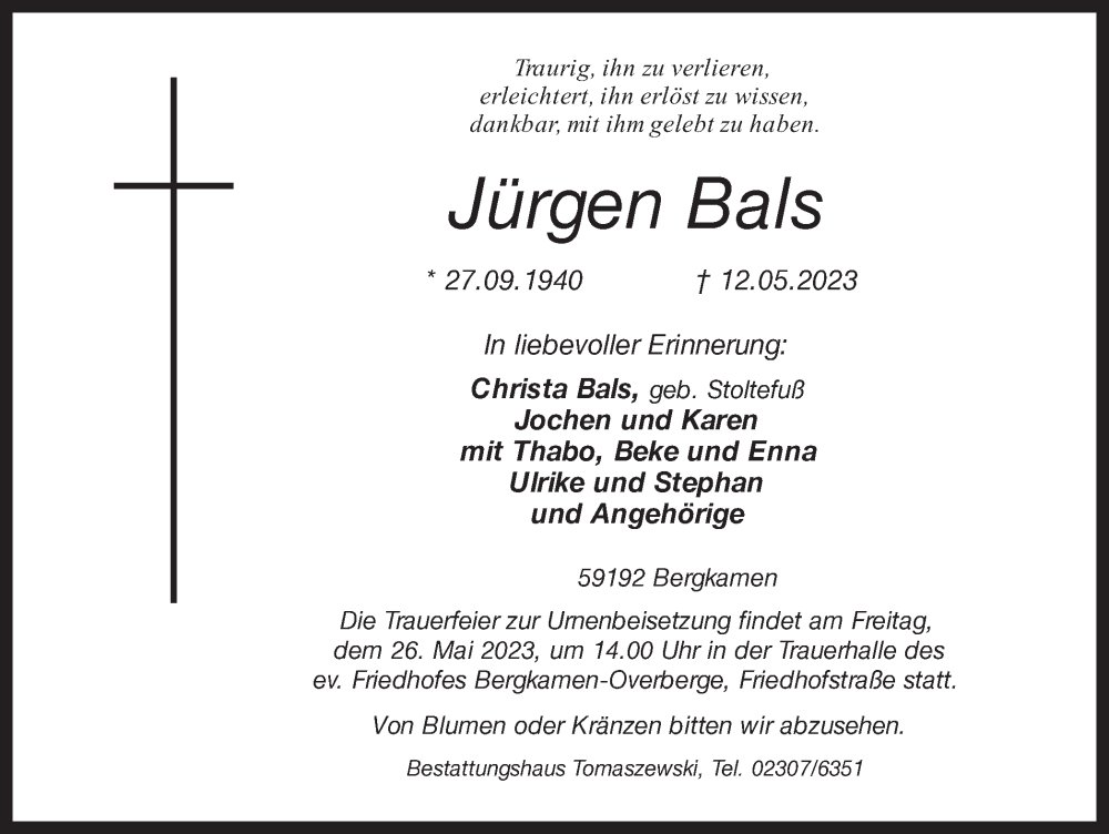  Traueranzeige für Jürgen Bals vom 20.05.2023 aus Hellweger Anzeiger
