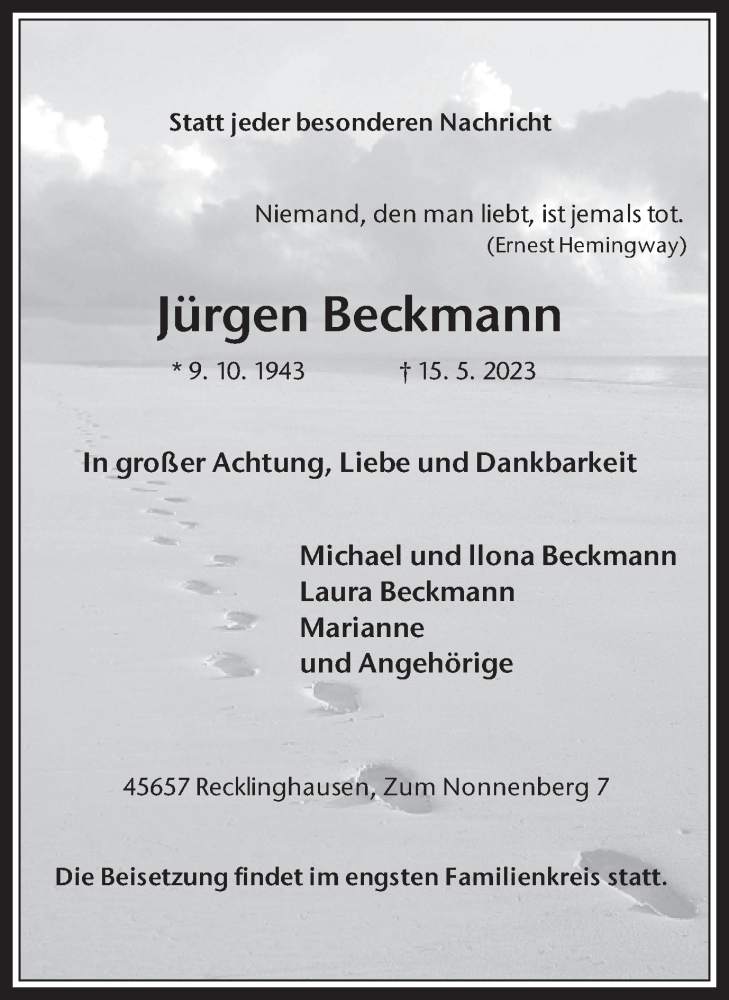  Traueranzeige für Jürgen Beckmann vom 24.05.2023 aus Medienhaus Bauer