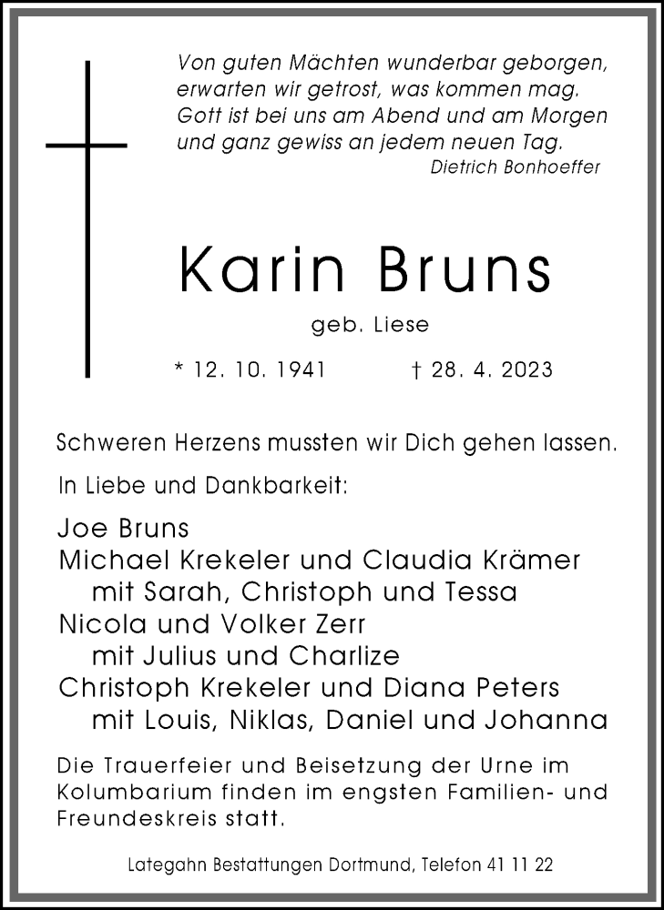 Traueranzeige für Karin Bruns vom 06.05.2023 aus 