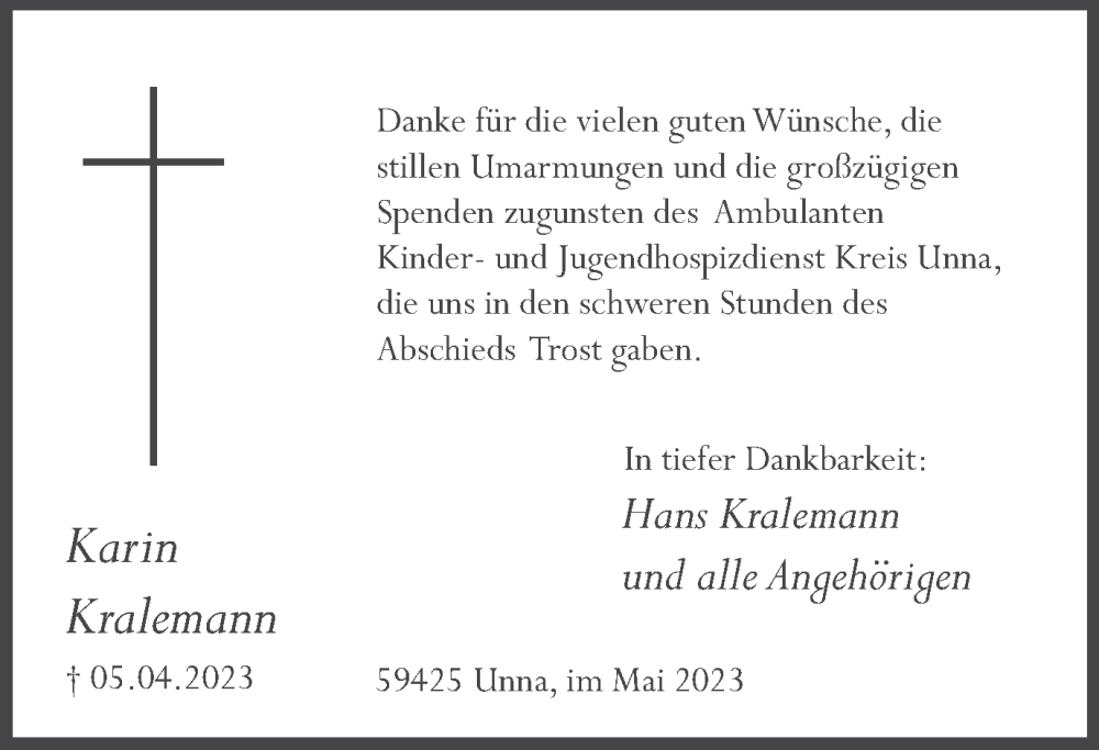 Traueranzeige für Karin Kralemann vom 13.05.2023 aus Hellweger Anzeiger