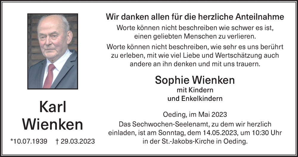  Traueranzeige für Karl Wienken vom 13.05.2023 aus Münstersche Zeitung und Münsterland Zeitung