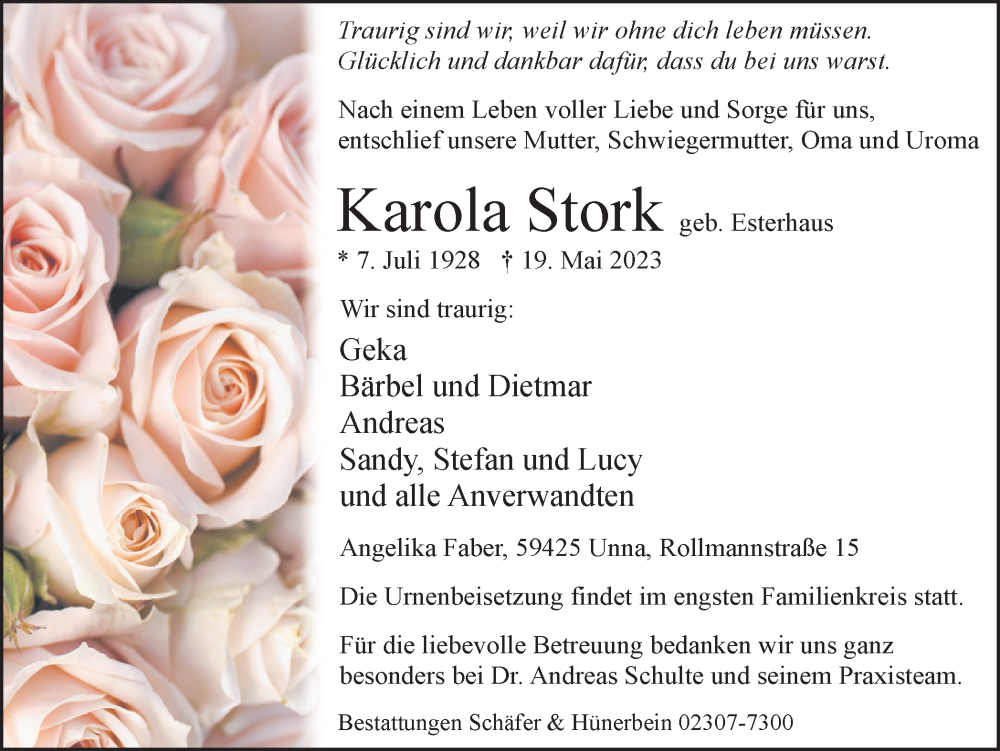  Traueranzeige für Karola Stork vom 26.05.2023 aus Hellweger Anzeiger