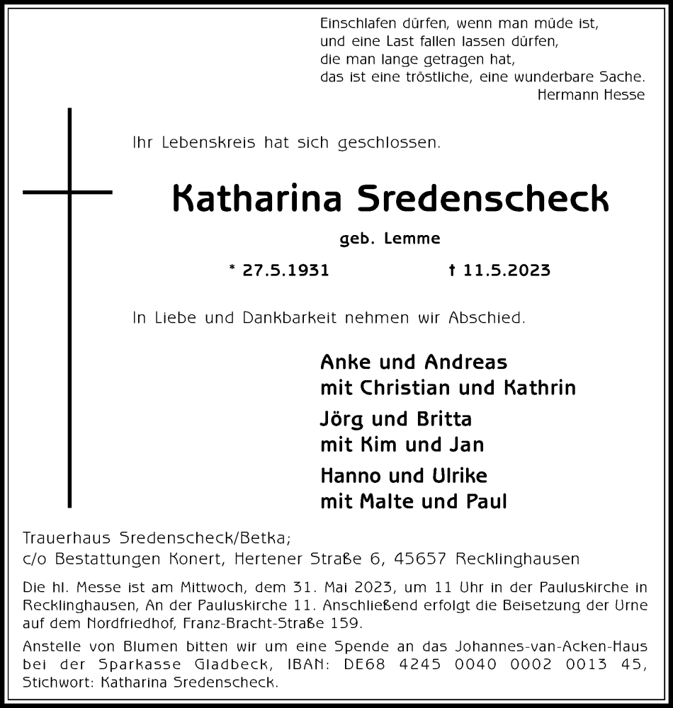 Traueranzeige für Katharina Sredenscheck vom 24.05.2023 aus Medienhaus Bauer