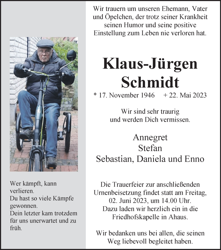 Traueranzeige für Klaus-Jürgen Schmidt vom 27.05.2023 aus Münstersche Zeitung und Münsterland Zeitung
