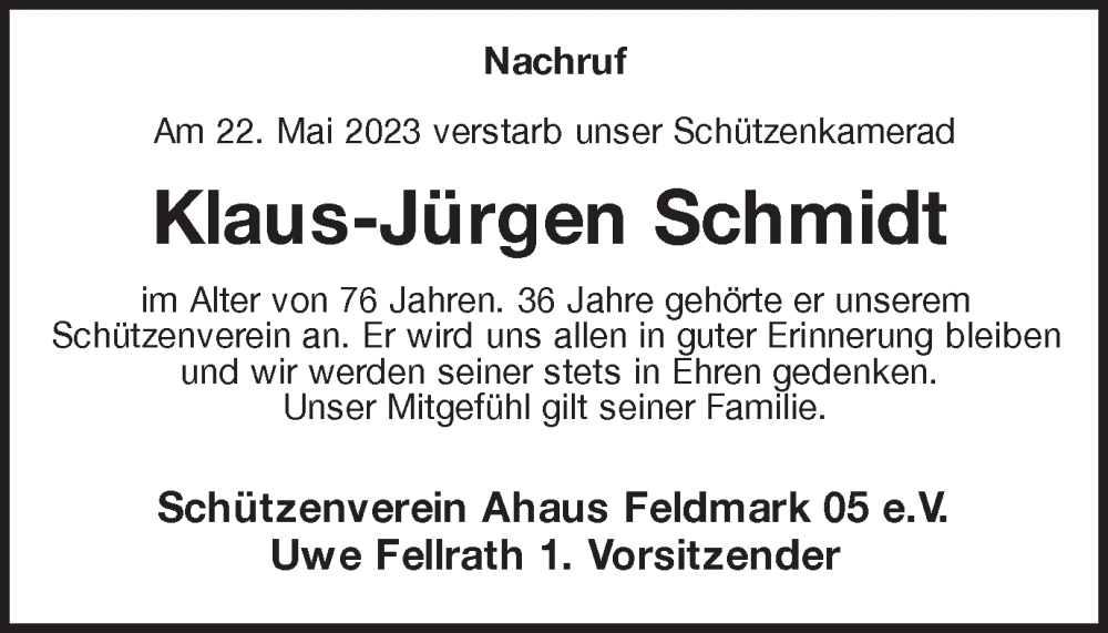 Traueranzeige für Klaus-Jürgen Schmidt vom 31.05.2023 aus Münstersche Zeitung und Münsterland Zeitung