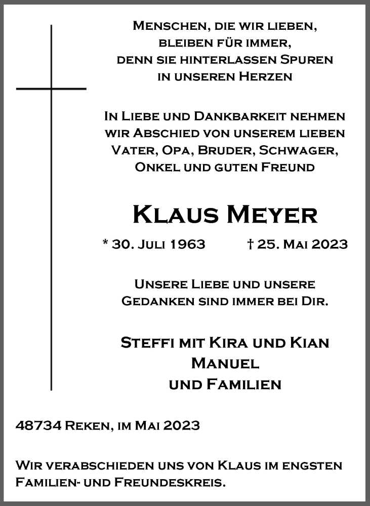  Traueranzeige für Klaus Meyer vom 31.05.2023 aus Ruhr Nachrichten und Dorstener Zeitung