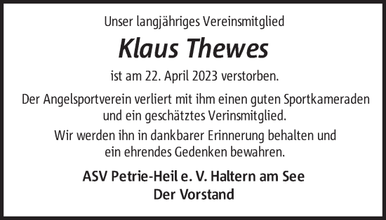 Traueranzeige von Klaus Thewes von Ruhr Nachrichten und Halterner Zeitung