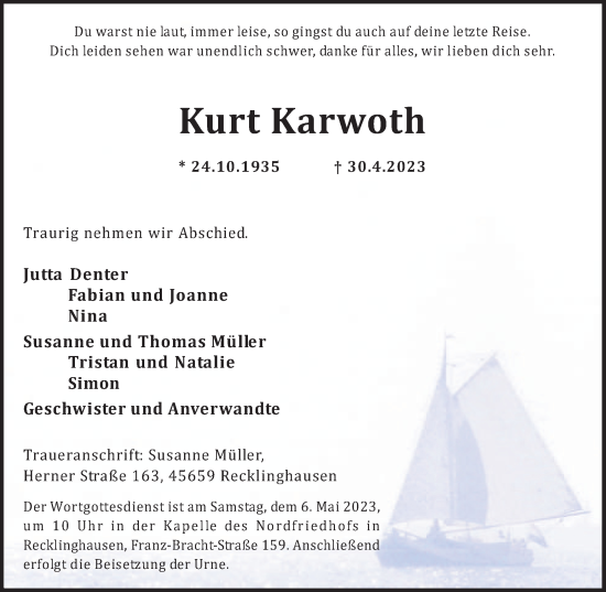 Traueranzeige von Kurt Karwoth von Medienhaus Bauer