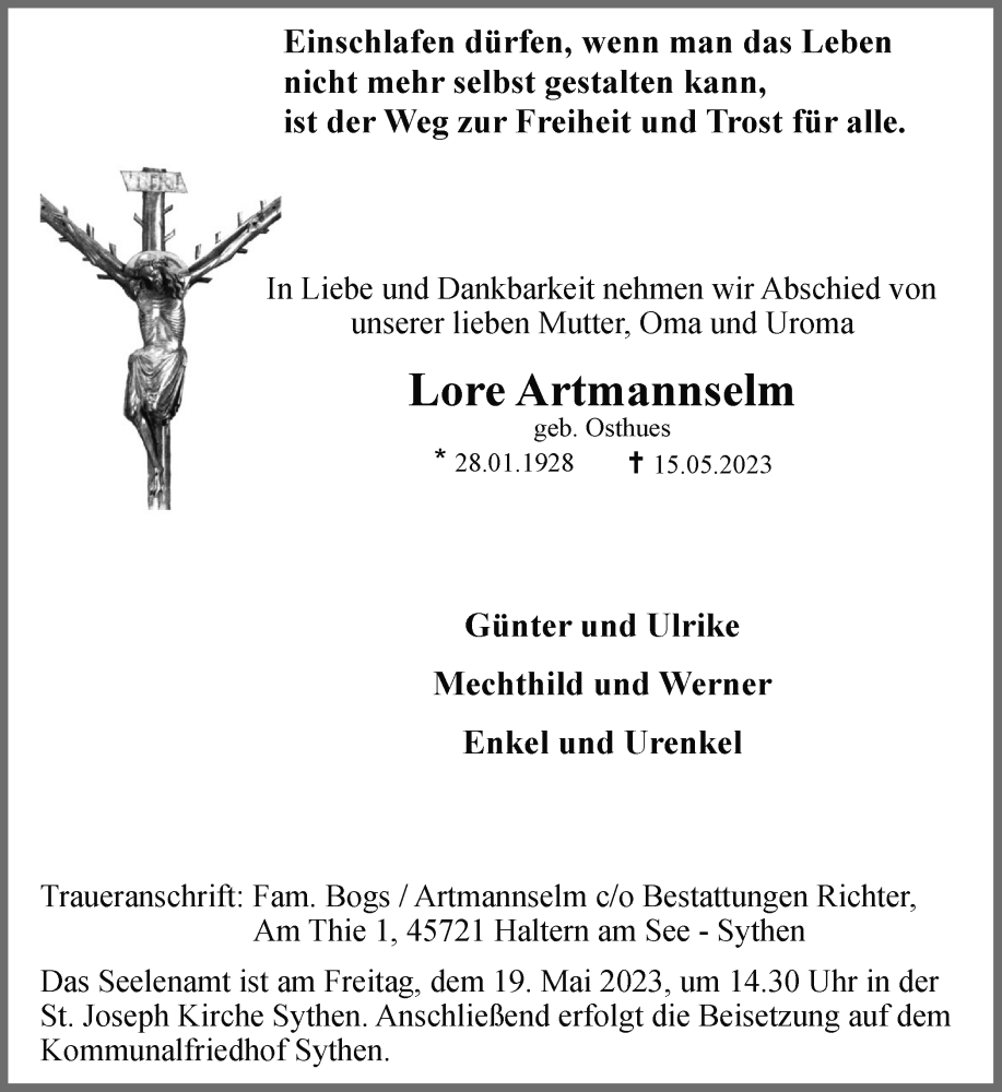  Traueranzeige für Lore Artmannselm vom 17.05.2023 aus Ruhr Nachrichten und Halterner Zeitung