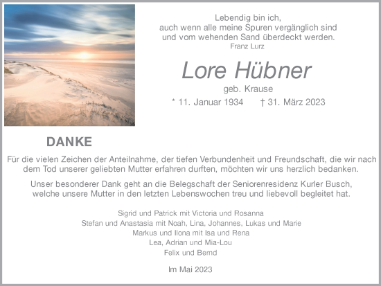 Traueranzeige von Lore Hübner von Hellweger Anzeiger