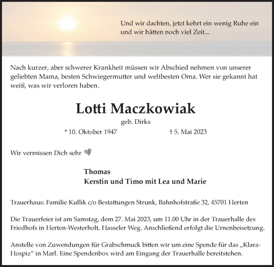 Traueranzeige von Lotti Maczkowiak von Medienhaus Bauer