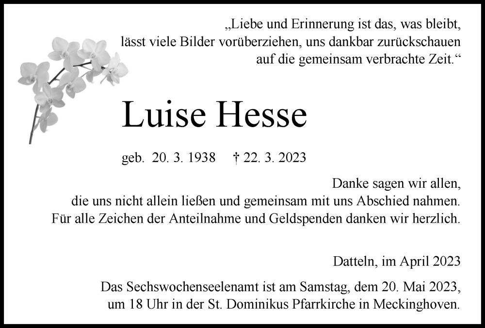  Traueranzeige für Luise Hesse vom 13.05.2023 aus Medienhaus Bauer