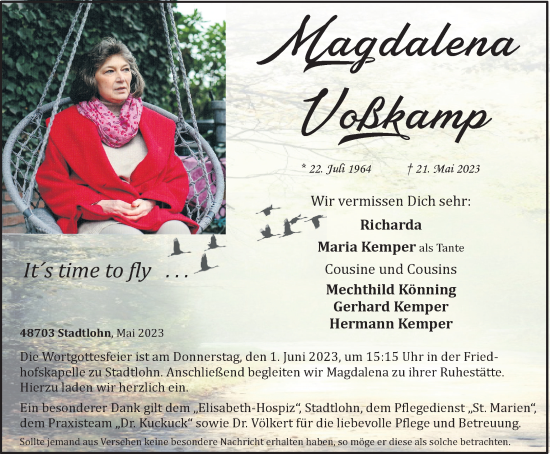 Traueranzeige von Magdalena Voßkamp von Münstersche Zeitung und Münsterland Zeitung