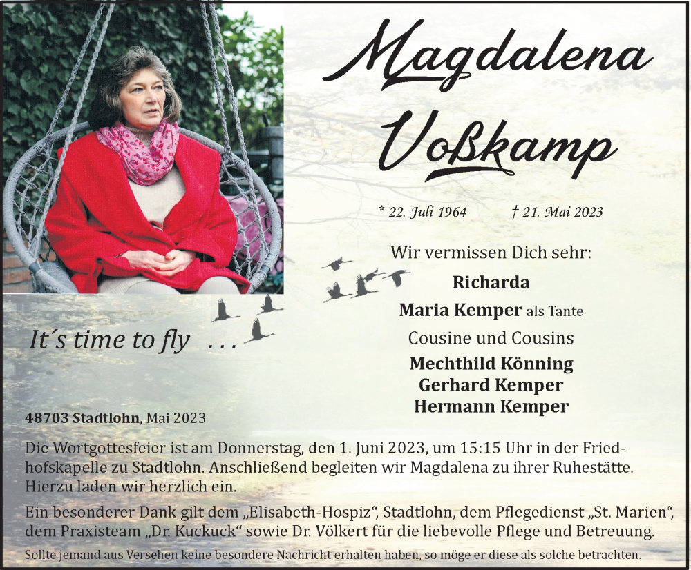  Traueranzeige für Magdalena Voßkamp vom 27.05.2023 aus Münstersche Zeitung und Münsterland Zeitung