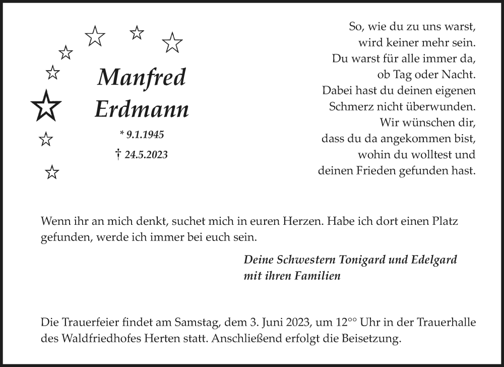  Traueranzeige für Manfred Erdmann vom 27.05.2023 aus Medienhaus Bauer