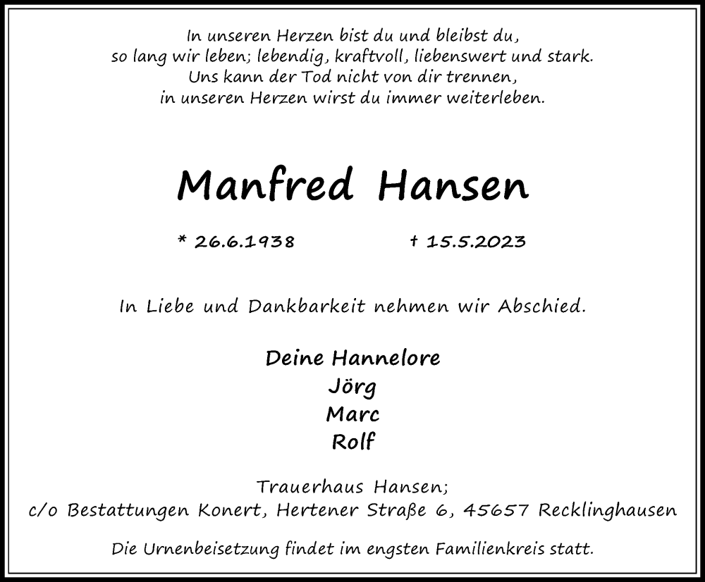  Traueranzeige für Manfred Hansen vom 20.05.2023 aus Medienhaus Bauer