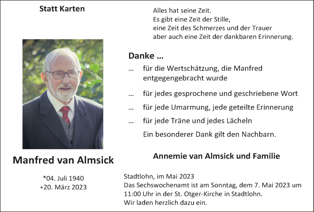  Traueranzeige für Manfred van Almsick vom 04.05.2023 aus Münstersche Zeitung und Münsterland Zeitung