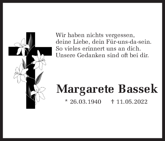 Traueranzeige von Margarete Bassek von Ruhr Nachrichten und Halterner Zeitung