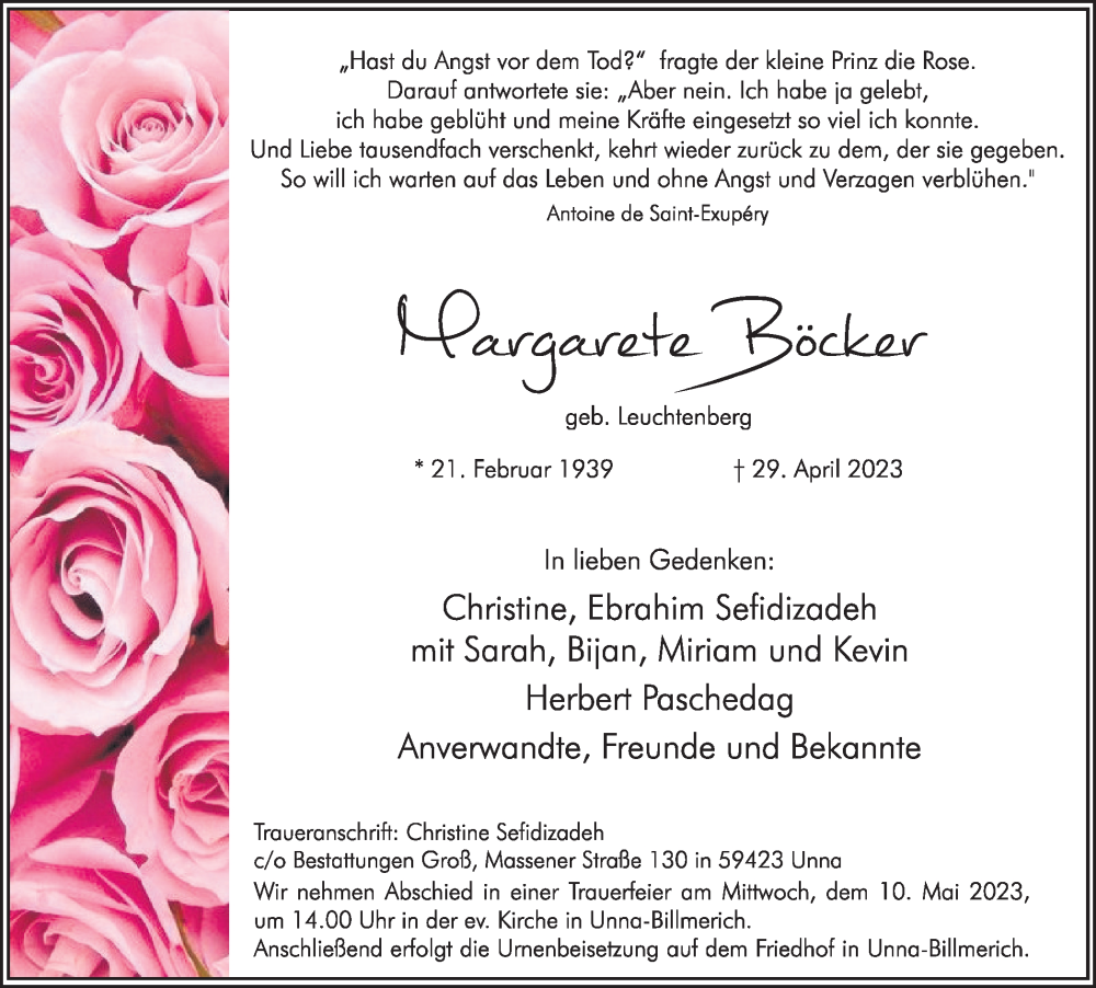  Traueranzeige für Margarete Böcker vom 05.05.2023 aus Hellweger Anzeiger