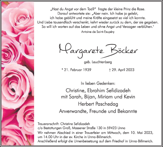 Traueranzeige von Margarete Böcker von Hellweger Anzeiger