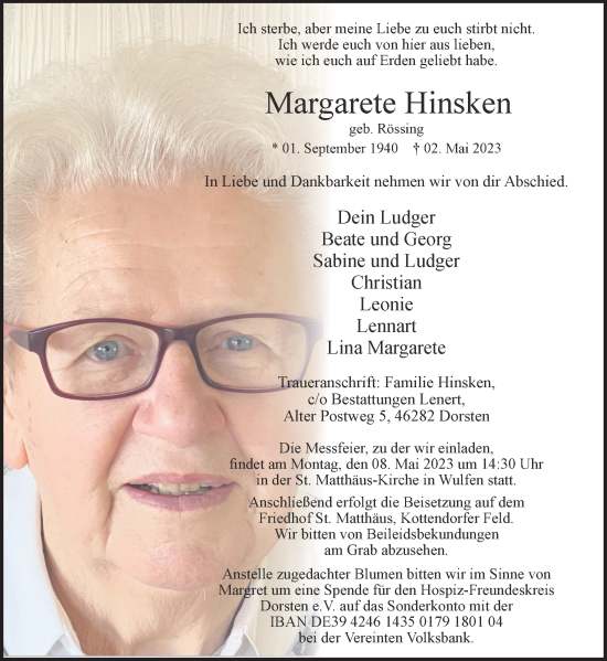 Traueranzeige von Margarete Hinsken von Ruhr Nachrichten und Dorstener Zeitung
