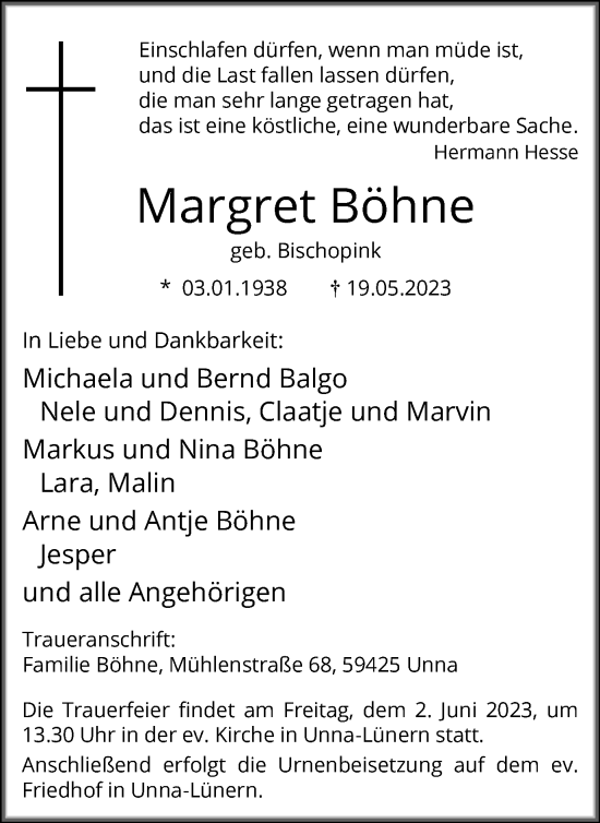 Traueranzeige von Margret Böhne von Hellweger Anzeiger