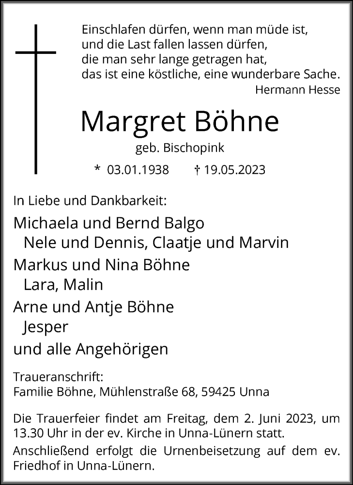 Traueranzeige für Margret Böhne vom 27.05.2023 aus Hellweger Anzeiger