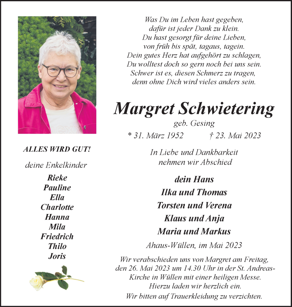  Traueranzeige für Margret Schwietering vom 25.05.2023 aus Münstersche Zeitung und Münsterland Zeitung