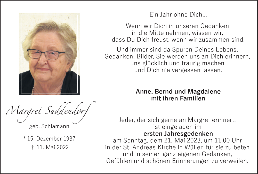  Traueranzeige für Margret Suddendorf vom 17.05.2023 aus Münstersche Zeitung und Münsterland Zeitung