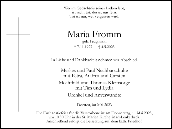 Traueranzeige von Maria Fromm von Medienhaus Bauer