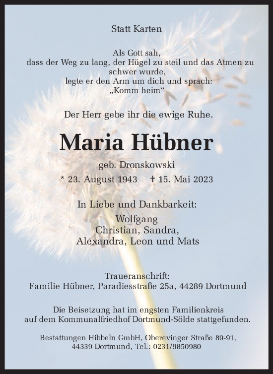 Traueranzeige von Maria Hübner 