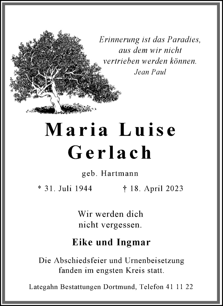  Traueranzeige für Maria Luise Gerlach vom 06.05.2023 aus 