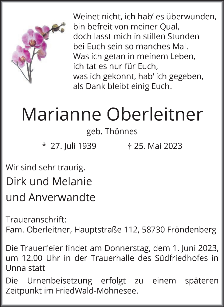  Traueranzeige für Marianne Oberleitner vom 30.05.2023 aus Hellweger Anzeiger