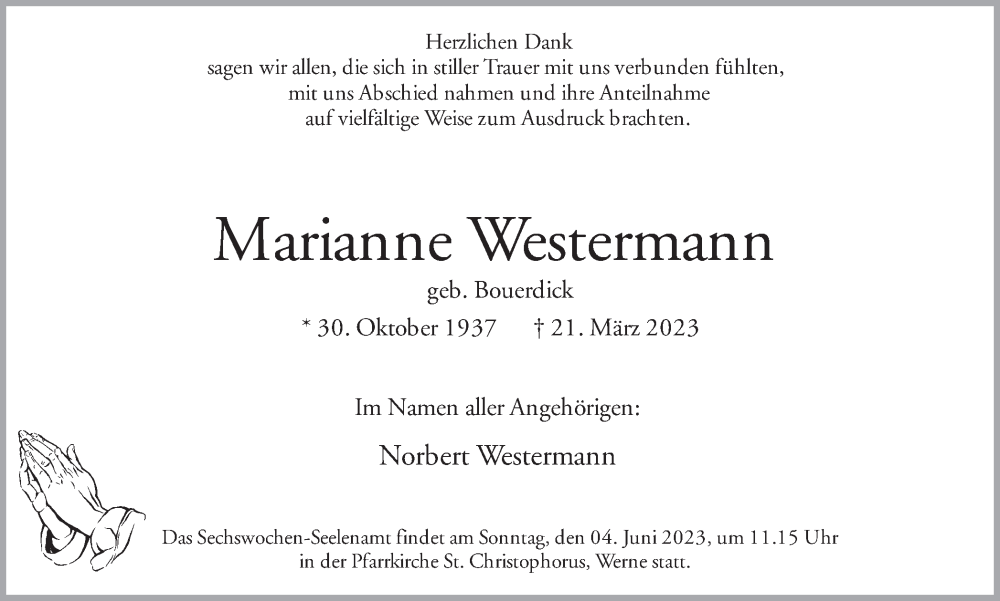  Traueranzeige für Marianne Westermann vom 26.05.2023 aus Ruhr Nachrichten