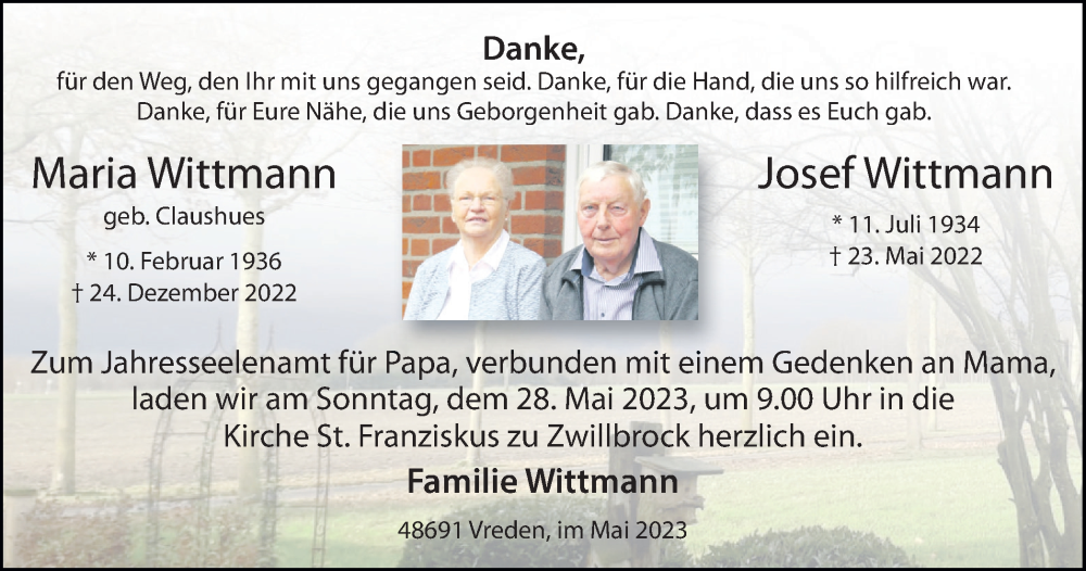  Traueranzeige für Maria und Josef Wittmann vom 24.05.2023 aus Münstersche Zeitung und Münsterland Zeitung