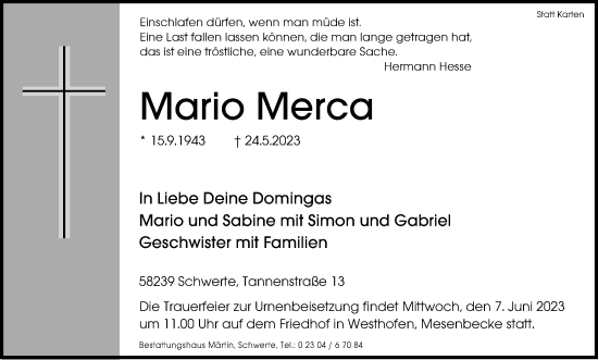 Traueranzeige von Mario Merca von Ruhr Nachrichten