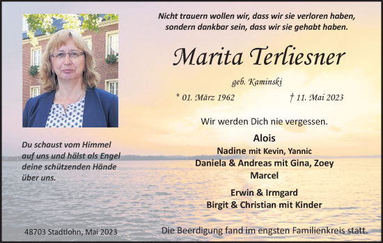 Traueranzeige von Marita Terliesner von Münstersche Zeitung und Münsterland Zeitung