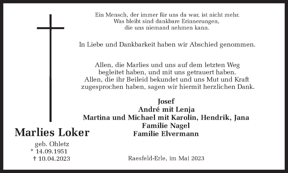 Traueranzeige für Marlies Loker vom 20.05.2023 aus Ruhr Nachrichten und Dorstener Zeitung