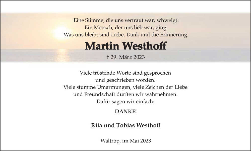  Traueranzeige für Martin Westhoff vom 20.05.2023 aus Medienhaus Bauer