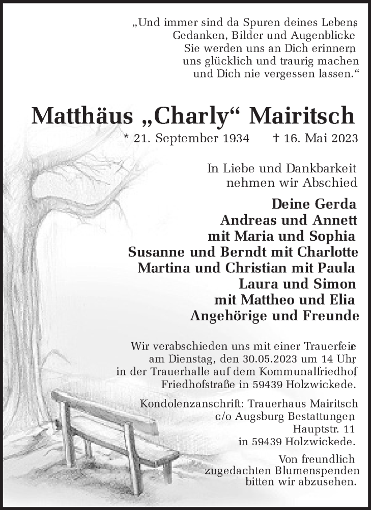  Traueranzeige für Matthäus Mairitsch vom 26.05.2023 aus 