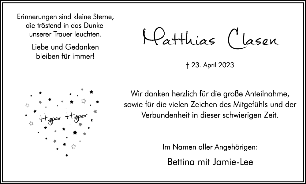  Traueranzeige für Matthias Clasen vom 20.05.2023 aus Hellweger Anzeiger