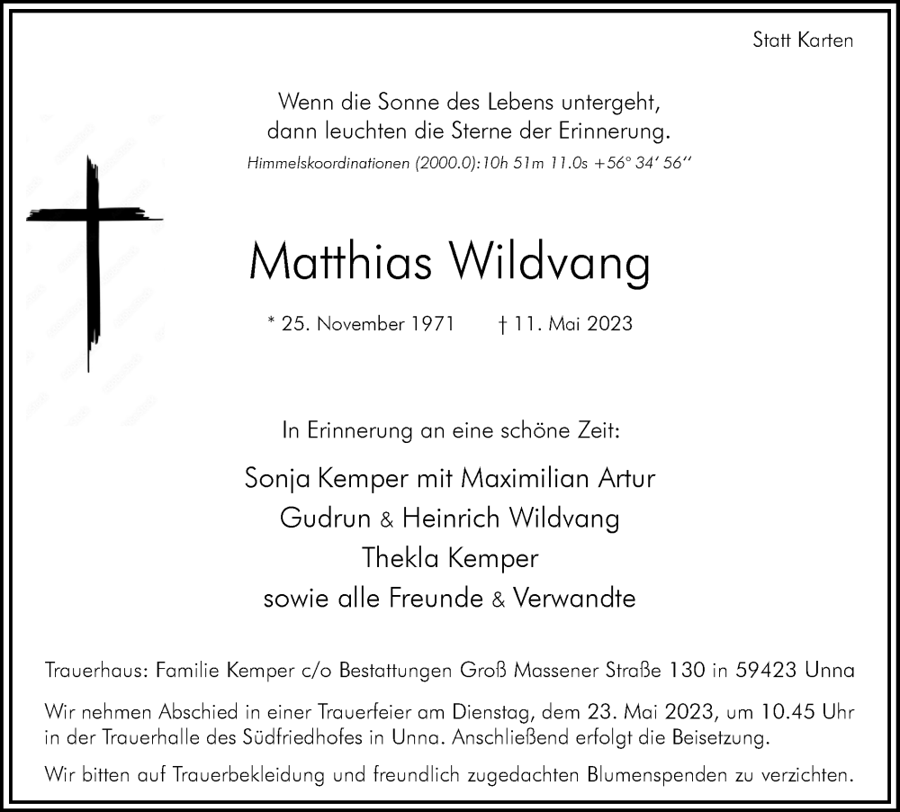  Traueranzeige für Matthias Wildvang vom 17.05.2023 aus Hellweger Anzeiger