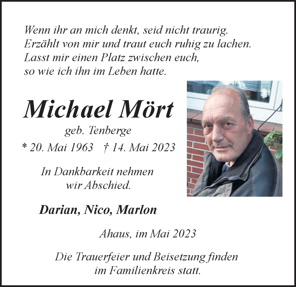  Traueranzeige für Michael Mört vom 20.05.2023 aus Münstersche Zeitung und Münsterland Zeitung