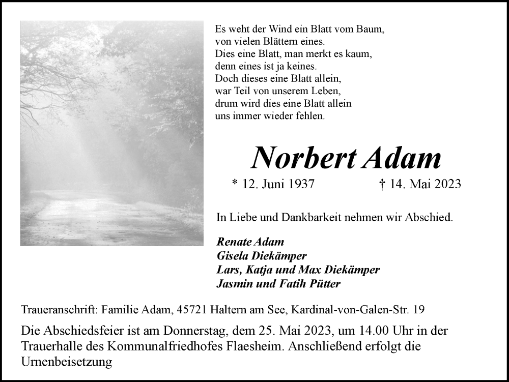  Traueranzeige für Norbert Adam vom 20.05.2023 aus Ruhr Nachrichten und Halterner Zeitung